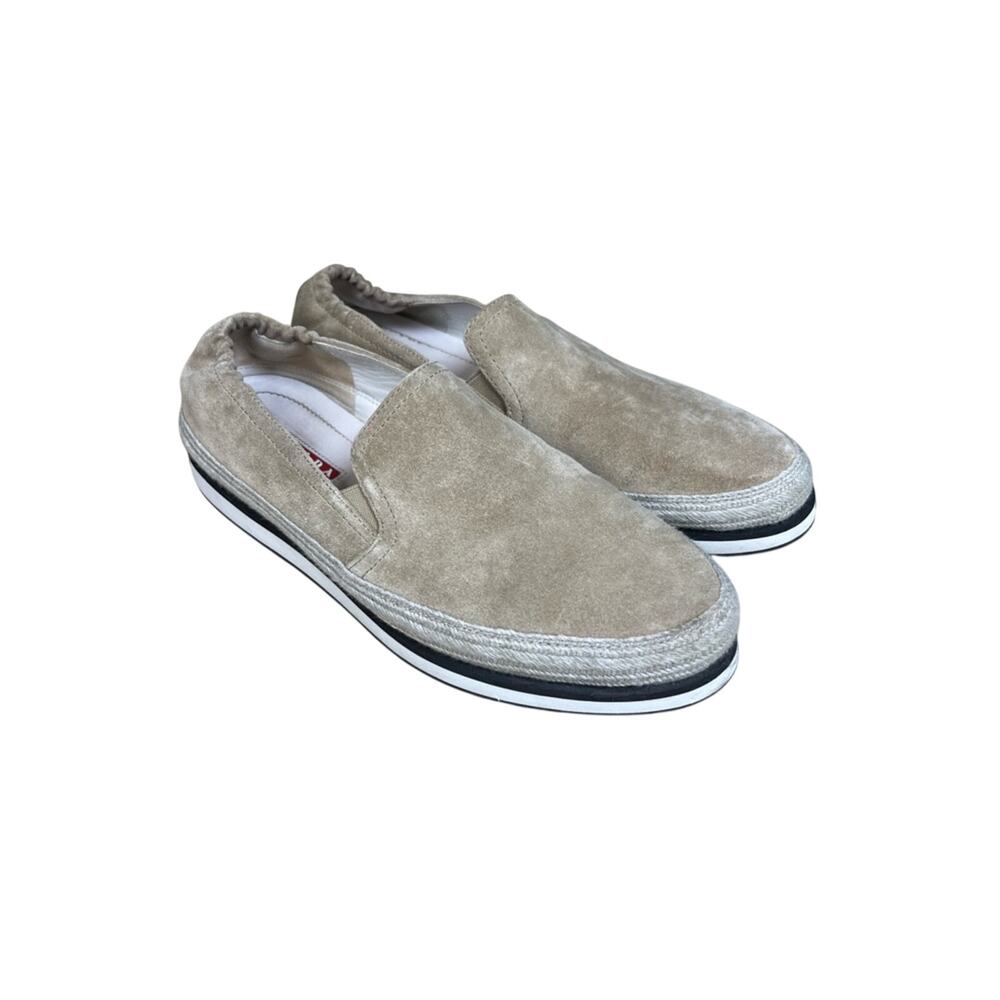 PRADA Saint Tropez Espadrille Slip On Platform Sneakers Tan Suede Size 7.5